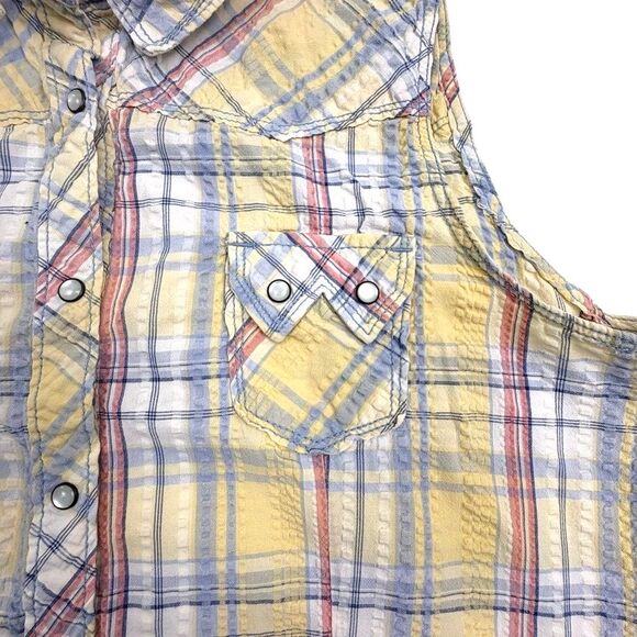 Legacy Falls Western Pearl Snap Pastel Plaid Seersucker Sleeveless Shirt Rodeo M - Picture 4 of 14